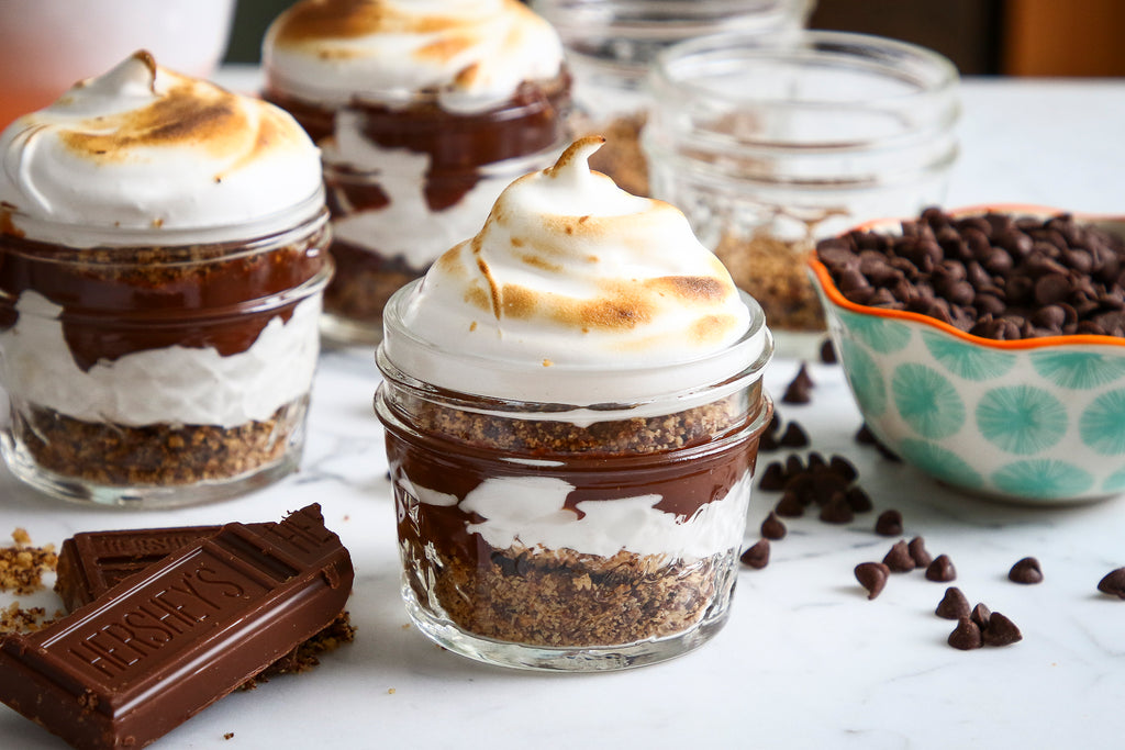 S'mores Mason Jar Desserts with Chocolate Chip Cookies